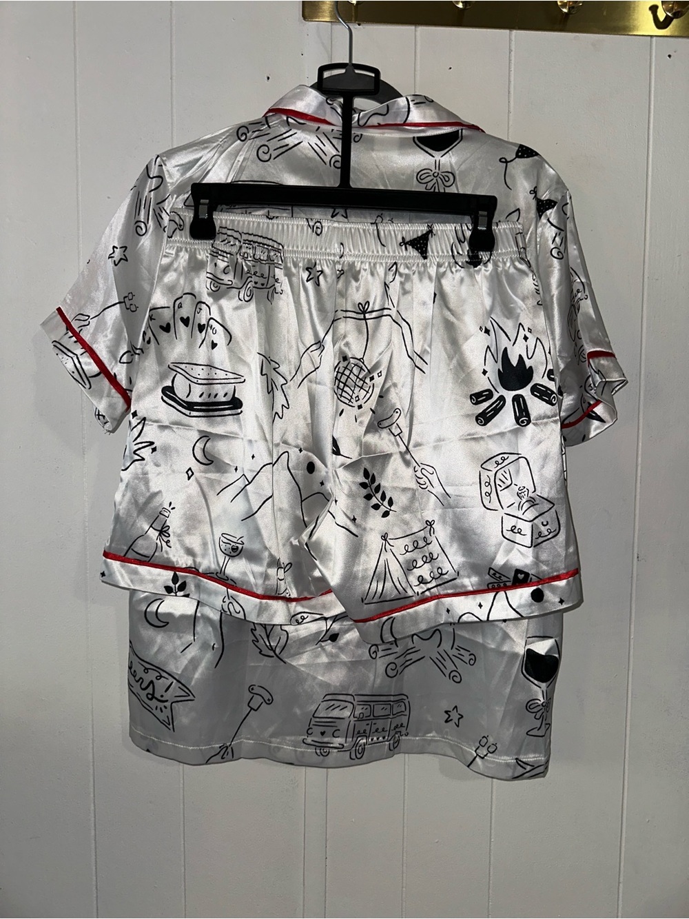 Silky White Black Doodle Bridal Camp Pajama Set with Red Trim